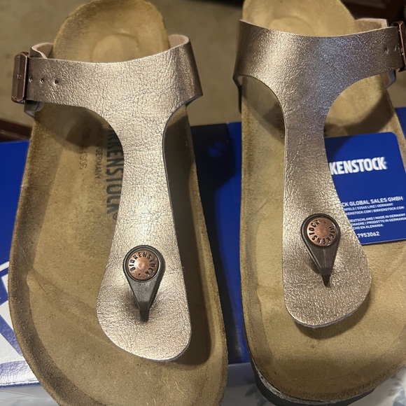 Birkenstock Shoes - Birkenstock Women's Metallic Rose Gold T-Strap Sandals